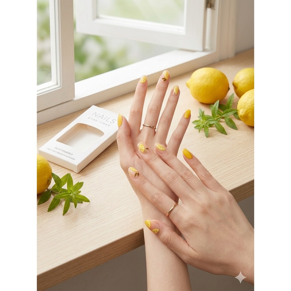 NIB Yellow Lemon Nail Tips‎ 24 PC Press-On Set